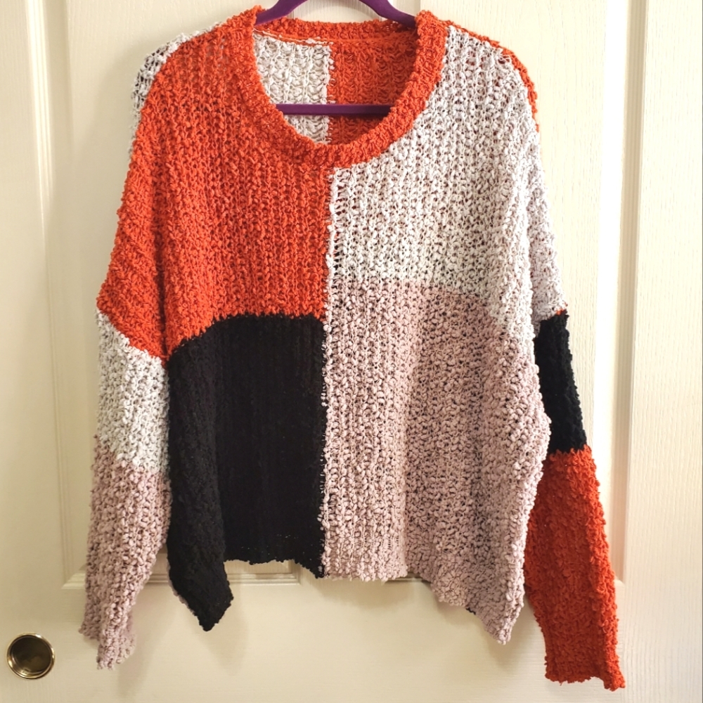 Colorblock Crew Neck Popcorn Texture Soft Relaxed Loose Fit Sweater
